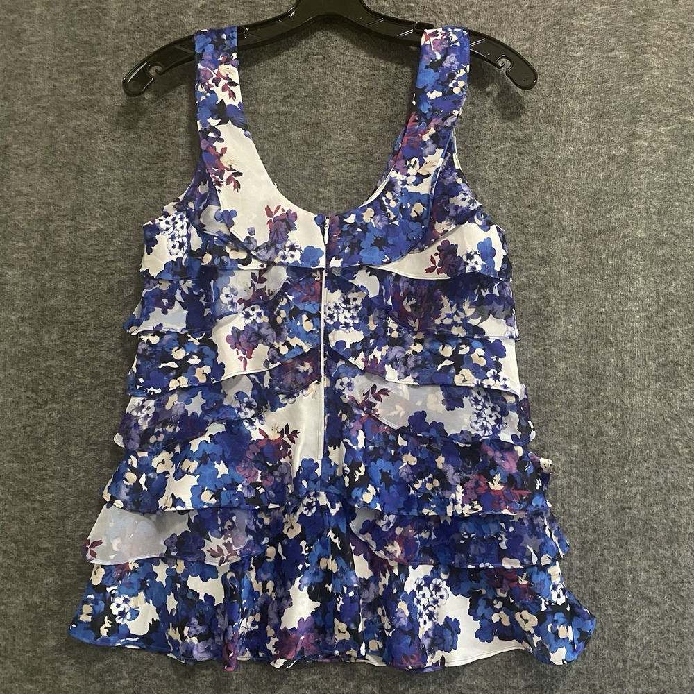 White House Black Market Top Women L Blue Floral Tiered Ruffle Sleeveless Blouse - Picture 5 of 10